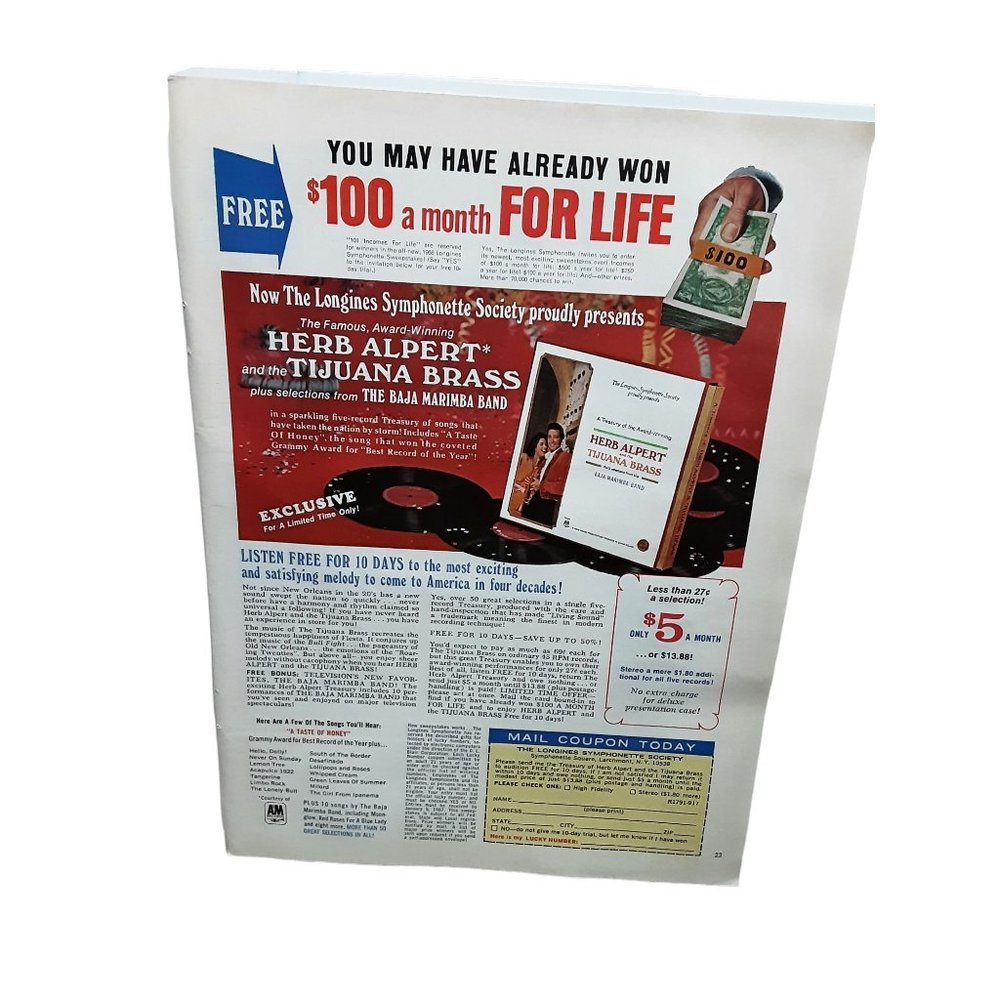 1966 Herb Alpert Tijuans Brass Longines Society Original Ad Vintage Ephemera